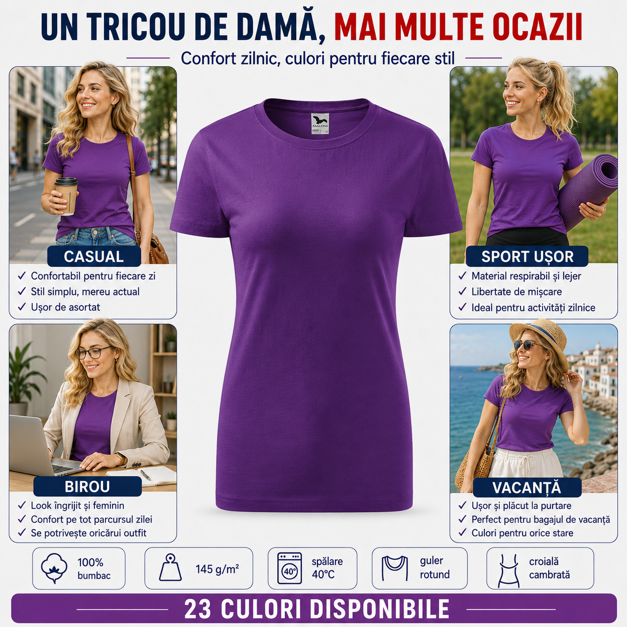 Tricou damă bumbac potrivit pentru birou, oraș, vacanță și timp liber